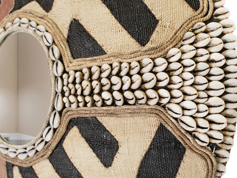 African Shield Mirror Design With Kuba Cloth and Cowrie Cross African Shield Mirror Design With Kuba Cloth and Cowrie Cross